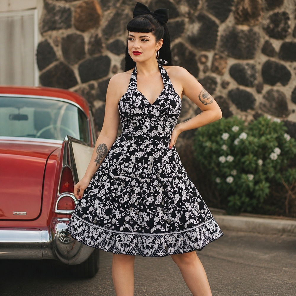 Rockabilly Black White Floral Halter Midi Dress A-Line Summer‎ Sundress Pinup